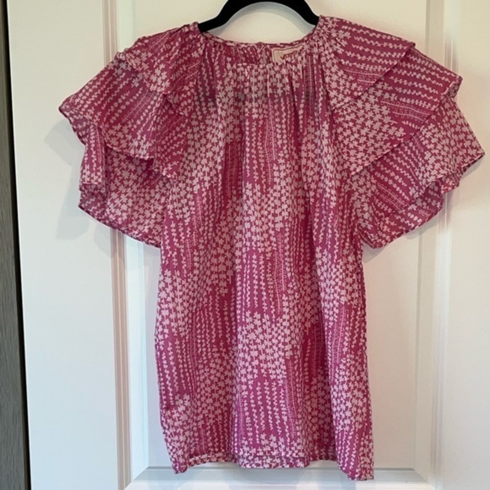 Banjanan 100% Cotton Ruffle Flutter Sleeve Blouse Floral Top Sz Small